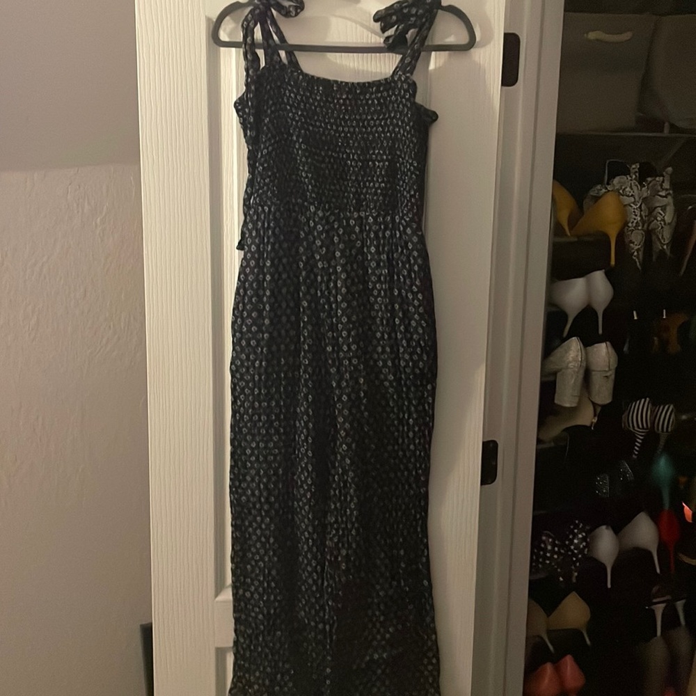 Wide leg jumpsuit, navy blue, country style.